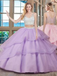 Super With Train Zipper Sweet 16 Quinceanera Dress Lavender for Military Ball and Sweet 16 and Quinceanera with Beading 