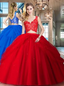 Excellent Red Tulle Zipper Quinceanera Dress Sleeveless Floor Length Lace and Ruffled Layers