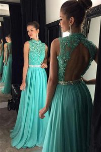 Exquisite Chiffon Scoop Sleeveless Backless Beading and Lace Prom Party Dress in Turquoise