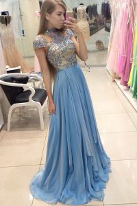 Captivating Blue A-line Organza Scoop Cap Sleeves Beading With Train Zipper Dress for Prom Sweep Train