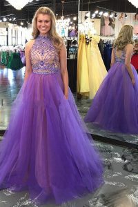 Scoop Sleeveless Tulle Floor Length Backless Prom Dress in Lavender with Beading