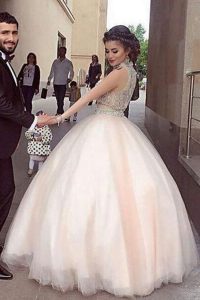 Elegant A-line Prom Party Dress White High-neck Tulle Sleeveless Floor Length Zipper