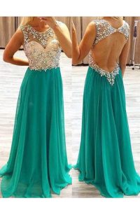 Hot Sale Scoop Green Backless Prom Dress Beading Sleeveless Floor Length