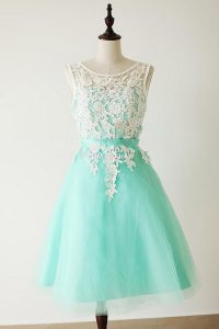 Best Apple Green A-line Bateau Sleeveless Tulle Knee Length Zipper Lace and Sashes ribbons Prom Gown