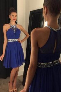 Scoop Mini Length Zipper Celebrity Style Dress Royal Blue for Prom and Party with Beading