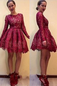 Scoop Long Sleeves Lace Knee Length Zipper Prom Dress in Red with Lace