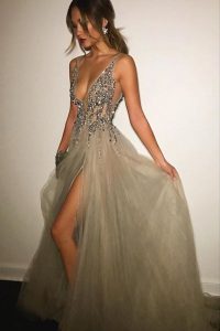 Traditional Champagne Backless Prom Gown Beading Sleeveless Sweep Train