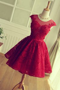 A-line Prom Party Dress Red Scoop Satin and Lace Cap Sleeves Knee Length Lace Up