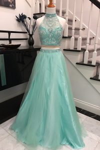 Customized Halter Top Tulle Sleeveless With Train Prom Gown Sweep Train and Beading