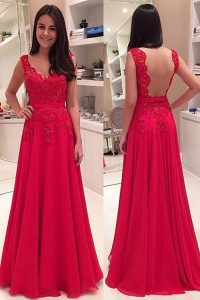 V-neck Sleeveless Celebrity Dress Floor Length Lace Red Chiffon