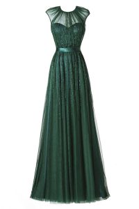 Charming Scoop Cap Sleeves Tulle Floor Length Zipper Prom Party Dress in Dark Green with Beading and Pleated