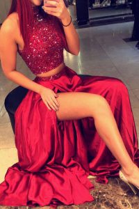A-line Dress for Prom Red Halter Top Satin Sleeveless Floor Length Backless
