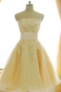 Yellow Prom Evening Gown Prom and Party and Wedding Party and For with Appliques and Hand Made Flower Strapless Sleevele