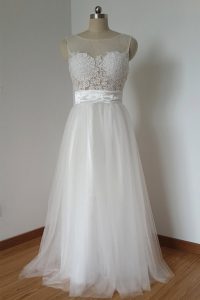 Flare Scoop White Tulle Zipper Prom Gown Sleeveless Floor Length Lace