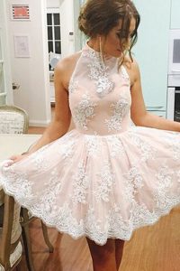 Pretty Mini Length Champagne Homecoming Dress Tulle Sleeveless Lace