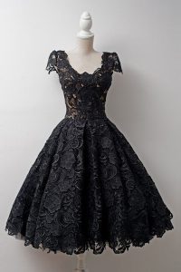 Black Scoop Neckline Lace Dress for Prom Cap Sleeves Zipper