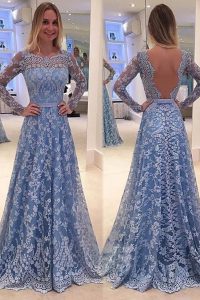 Modest Scoop Long Sleeves Sweep Train Backless Formal Evening Gowns Blue Lace