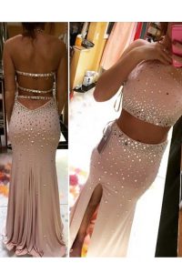 Fitting Scoop Pink Column/Sheath Beading Prom Evening Gown Backless Chiffon Sleeveless