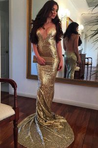 Fashion Mermaid Sequins V-neck Sleeveless Sweep Train Backless Prom Party Dress Gold Sequined