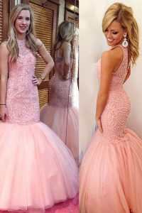 Mermaid Pink Backless Scoop Lace Prom Party Dress Tulle Sleeveless