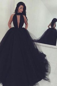 Graceful Black Tulle Backless High-neck Sleeveless With Train Prom Party Dress Sweep Train Ruching