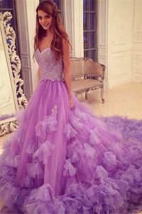 Cute Lavender A-line Beading and Hand Made Flower Homecoming Dress Backless Tulle Sleeveless With Train