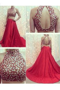 Custom Made Elastic Woven Satin High-neck Sleeveless Court Train Backless Beading Evening Dress in Red