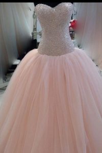 Pink Tulle Zipper Evening Dress Sleeveless Floor Length Beading and Sequins and Bowknot