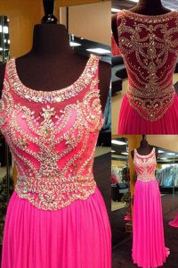 Scoop Hot Pink Sleeveless With Train Beading Side Zipper Homecoming Dress