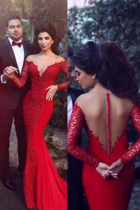 Mermaid With Train Red Evening Party Dresses Scoop Long Sleeves Sweep Train Zipper