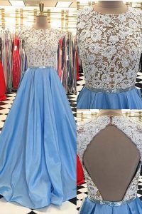 Scoop Blue Cap Sleeves Sweep Train Beading and Lace Prom Dress