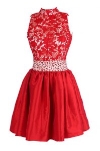 Fantastic Red Empire Beading and Lace Evening Dress Criss Cross Satin Sleeveless Knee Length