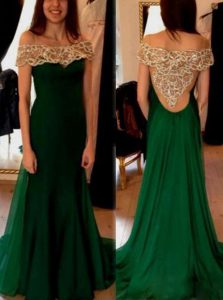Sexy Off the Shoulder Dark Green Side Zipper Prom Gown Beading and Pleated Short Sleeves Sweep Train