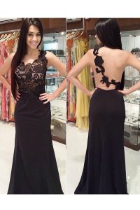 Lovely Scoop Lace Sleeveless Brush Train Backless With Train Appliques Prom Gown