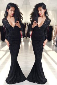 Low Price Mermaid Long Sleeves Floor Length Lace Zipper Homecoming Dress with Black