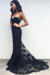 Low Price Mermaid Black Sleeveless Lace Zipper Prom Gown