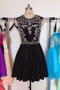 Scoop Black A-line Beading Prom Dresses Zipper Chiffon Sleeveless Mini Length