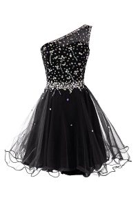 Black Evening Dress Prom and Party and For with Beading One Shoulder Sleeveless Side Zipper