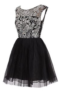 On Sale Black Tulle Zipper Bateau Cap Sleeves Knee Length Prom Dress Beading