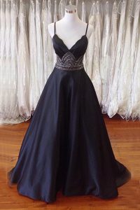 Beauteous Black Prom and For with Beading Spaghetti Straps Sleeveless Sweep Train Backless