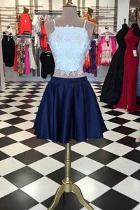 Fine Lace Blue And White Dress for Prom Prom and Party and For with Beading Spaghetti Straps Sleeveless Zipper