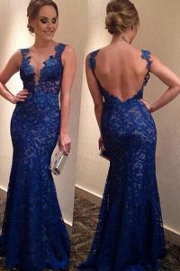 Blue Prom Gown Prom and Party and For with Lace V-neck Sleeveless Brush Train Backless