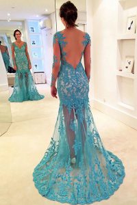 Designer Blue Mermaid V-neck Long Sleeves Lace With Brush Train Backless Lace