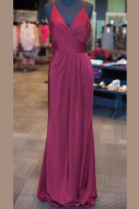 Burgundy Dress for Prom Prom and For with Ruching and Pleated V-neck Sleeveless Zipper