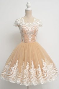 Dramatic Scoop Cap Sleeves Homecoming Dress Knee Length Lace Champagne Tulle