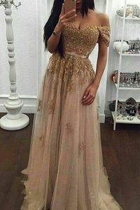 Fabulous Champagne A-line Tulle Off The Shoulder Short Sleeves Beading and Appliques With Train Zipper Prom Gown Sweep T