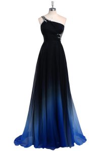New Style Navy Blue Chiffon Criss Cross One Shoulder Sleeveless Floor Length Pageant Dress Wholesale Beading