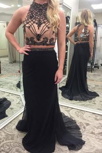 Hot Sale Black Backless Prom Dresses Appliques and Belt Sleeveless Brush Train