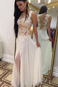 Beauteous Floor Length White Prom Dress Chiffon Sleeveless Beading and Lace