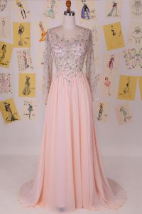 Scoop Long Sleeves Chiffon With Brush Train Zipper Mother Of The Bride Dress in Pink with Beading